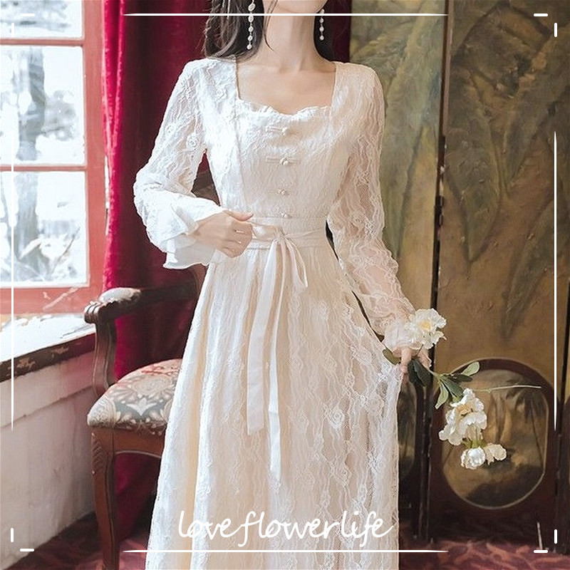 

French Vintage Dress Women Elegant Party Long Sleeve Dress Ruffles Square Collar Lace Retro Midi Dress Autumn Korean Style 210521, Beige