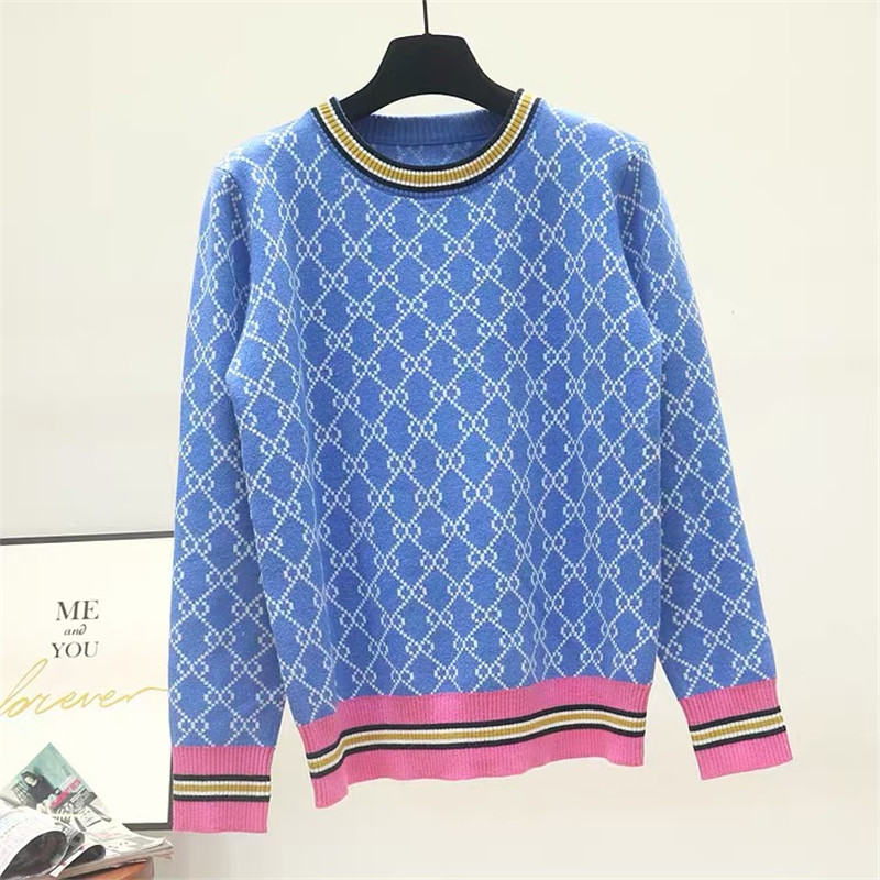 

Autumn And Winter New Loose Knit Sweater Korean Style Pullover Round Neck Geometric Clash Jacquard Casual Sweater Jumper, Purple