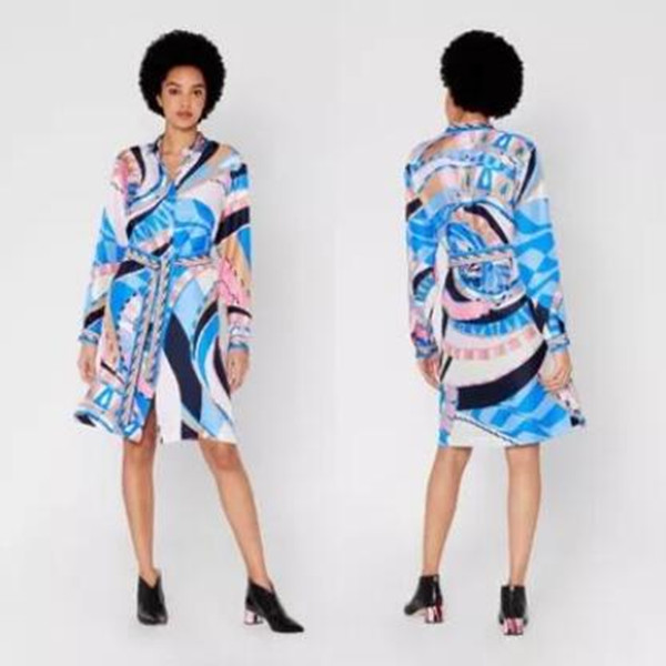 

Women's blue fashion print shirt elastic knitted jerseybule dress with belt, Black