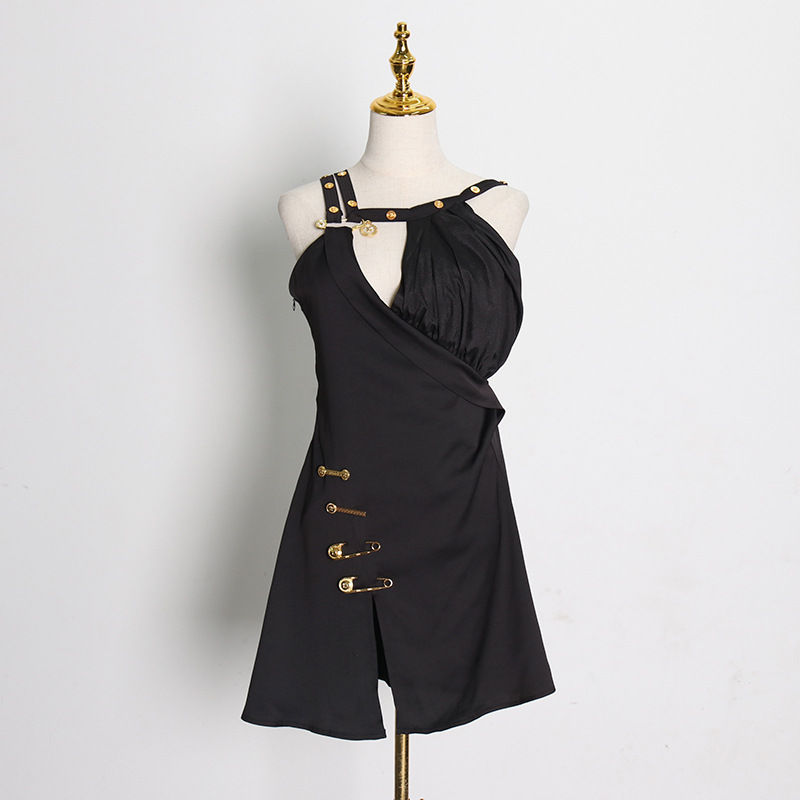 

1115 2021 Runway Dress Spring Summer Dress Brand Same Style Dress Empire Sleeveless Stand Collar Black Panelled High Quality SH, Customize