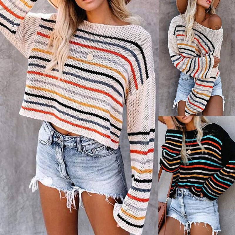 

Women' Sweaters 2021 Women Autumn Winter Selling Striped Sweater Loose Knit Pullover Sashion Casual Warm Nice, Black