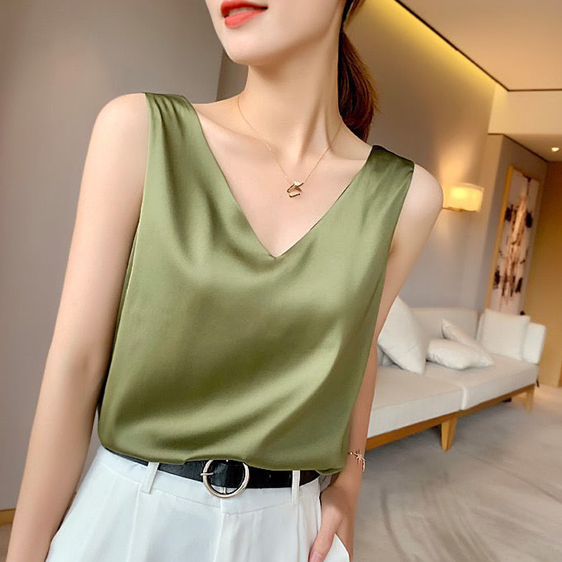 

Lucyever Summer Sleeveless Women's Shirts Casual Solid Color V-neck Satin Blouse Woman Elegant Office Plus Size Shirt 210521, Black