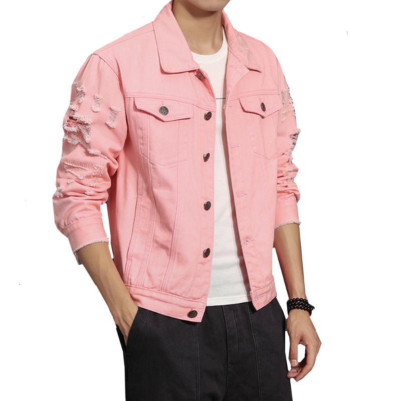 

Men's Jackets Denim Jacket Men Ripped Holes Pink Black Jean Pure color Garment Washed Male Coat Large Size M- 5TKS