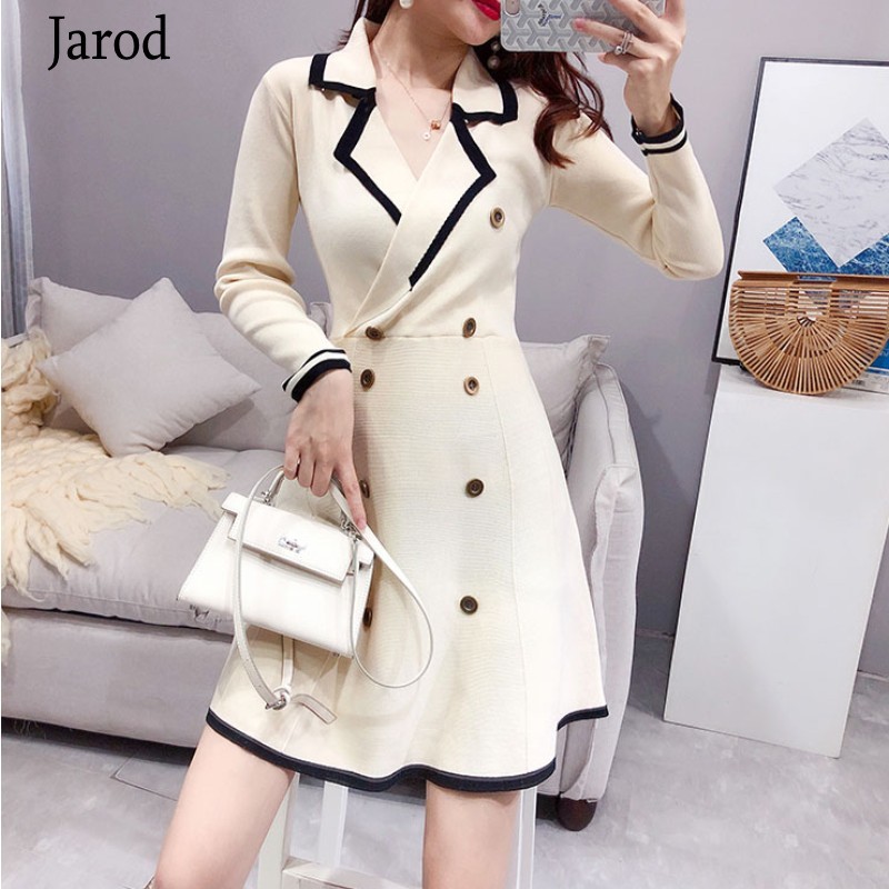 

Runway Elegant Casual Women Solid Notched Collar dress Women Autumn Winter Double-breasted Knitting A-line Slim Dress 210518, Picture color