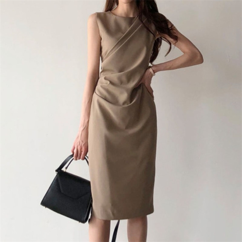 

Women Office Lady Summer Dress Fashion Sleeveless Solid Slim Chic Wild Dresses Vestidos 210520, Photo color