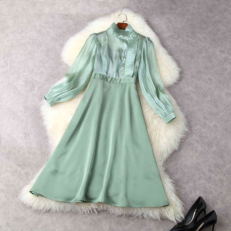 

HIGH STREET Fashion Pleated Wood Ear Collar Lantern Sleeve A Temperament Dress 210521, Apricot