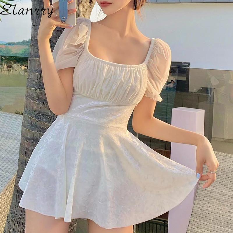 

Mujer Women One Piece Swimming Suit Solid Korean Style Beach Wear Push Up Sexy Bathing Swim Dress Bandage Back One-Piece Suits