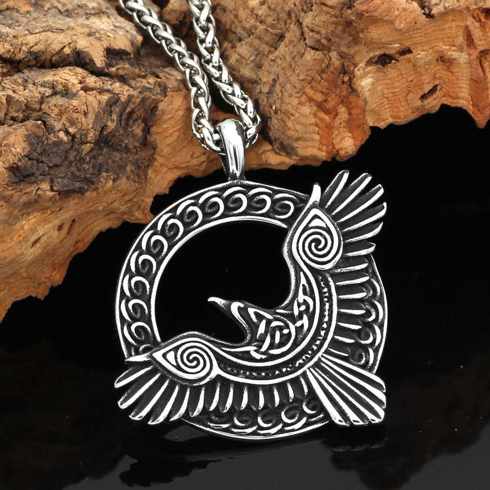 

Norse viking Triple Horn of Odin raven Huginn and Muninn amulet Stainlsteel rune pendant necklace with valknut gift bag X0707