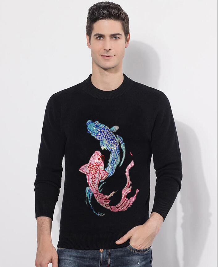 

Casual Diamonds stone Winter Sweater drill Round Neck Slim Fit Elastic Knitting Pullover Men Fashion Male Warm Homme, Beige