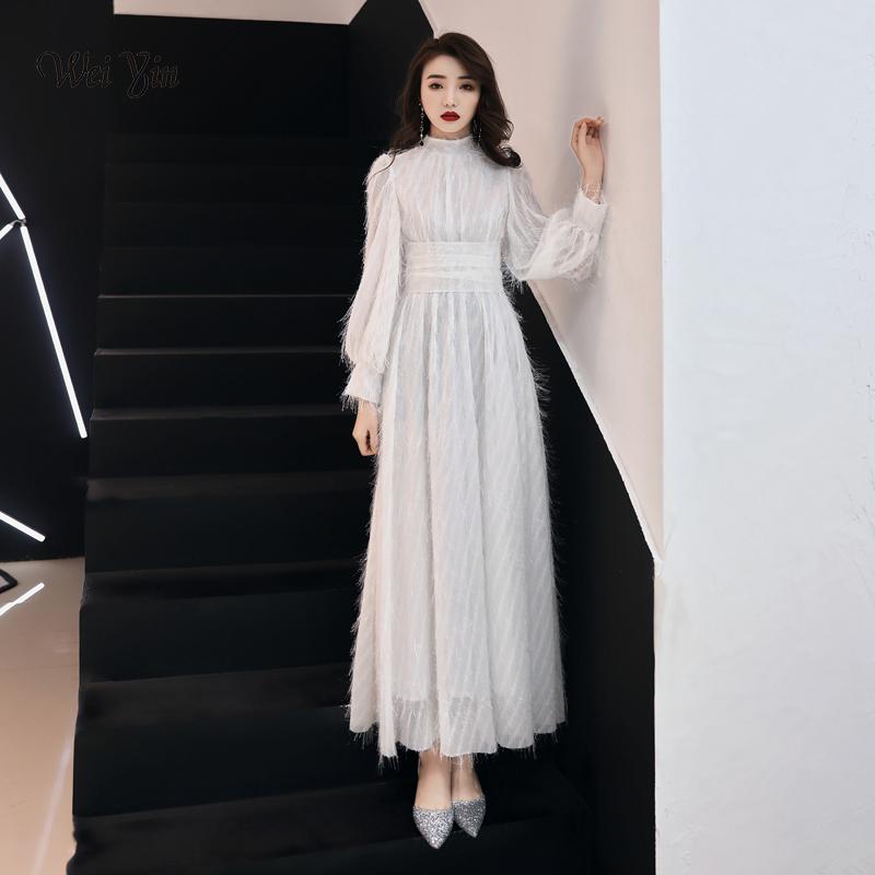 

Party Dresses Weiyin 2021 White Real Po A-Line High Collar Formal Prom Long Sleeve Sexy Womens Evening Gowns WY1510
