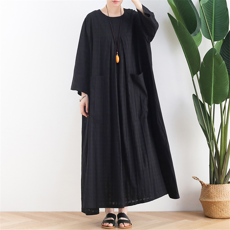 

Johnature Women Cotton Dresses Black Pockets Spring Bat Sleeve O-Neck Robes Original Jacquard Women Vintage Dresses 210521