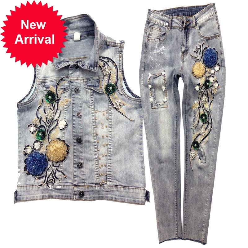 

Women's Tracksuits Denim Vest + Pants Set Twopiece Sets Spring Fall Sleeveless Jacket Waistcoat Jeans Ladies Outfits Mujer 2021, Sky blue