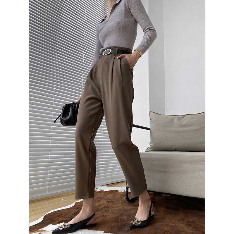 

High-waisted Woollen Thickening Black Suit Pants Women Show Thin Autumn/winter Loose Straight Ankle-Length with Belt 210607, Coffee