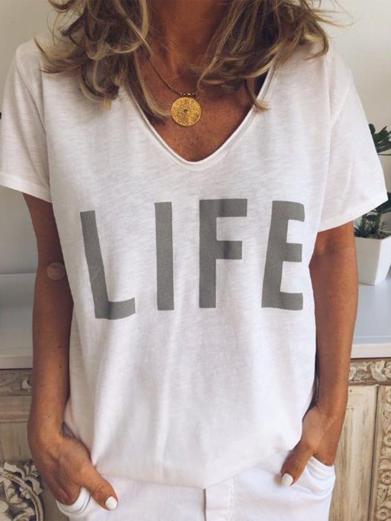 

Women' V-neck letter printed short sleeve T-shirt women' top, Gray