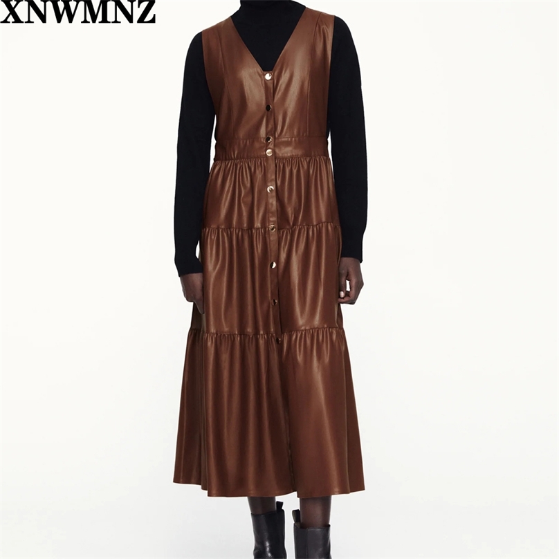 

women faux leather ruffled pinafore dress Sleeveless V-neckline Hem with ruffle trim metal button dresses 210520, Brown