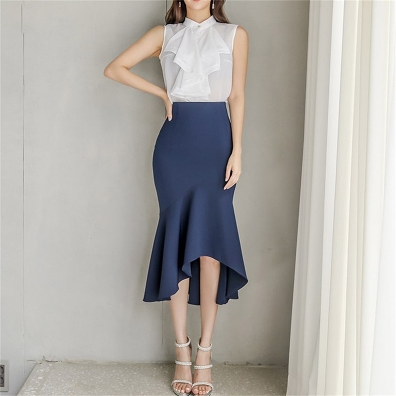 

Summer 2 Pieces Set Blouses Sleeveless Tops Bandage Pencil Midi Skirts Elegant Sexy Party Office Lady Women Dresses 210603, Suit
