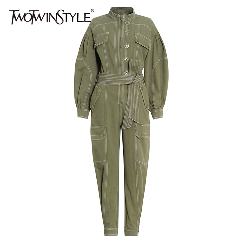 

Solid Minimalist Jumpsuit For Women Stand Collar Long Sleeve High Waist Lace Up Bowknot Casual Jumpsuits Female 210521, Armygreen