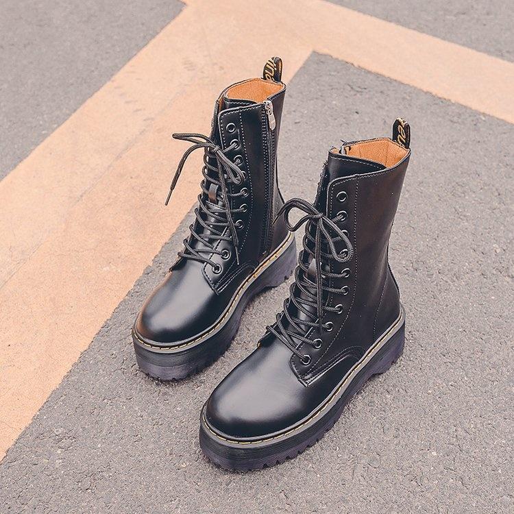 Boots Autumn And Winter Women's Flat Heel High Tube Lace Up Motorcycle Muffin Thick Leather