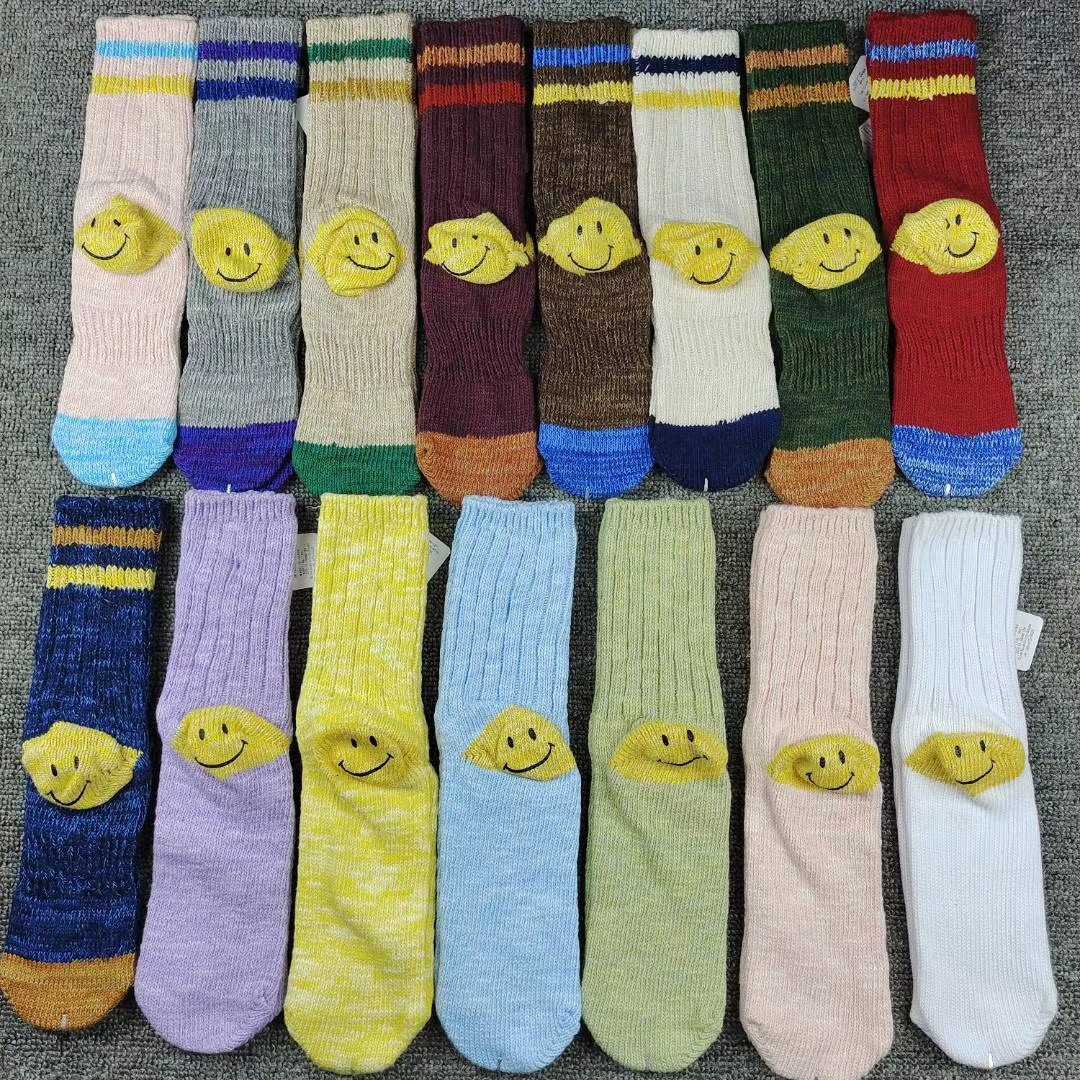 

Smiley socks Hirata face and Wang wazishop daily single Kapital color matching thick line stripe medium tube socks factory wholesale outlet, Black