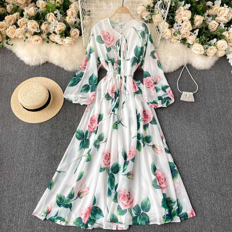 

Spring Autumn 2021 Bohemian Floral Party Long Dress Female O-Neck Puff Long Sleeve Elegant Printed Maxi Vestidos New Fashion Y0603, White