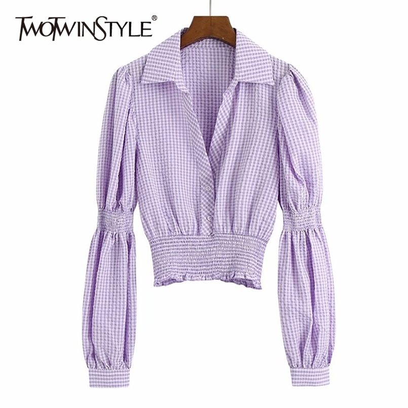 

Plaid Casual Shirt For Women Lapel Puff Long Sleeve Elegant Short Blouse Female Fashion Clothing Style 210524, Purple