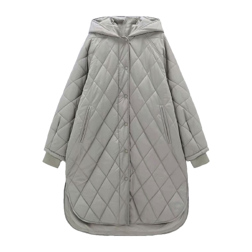 

Za Casual winter High quality simple design women long cotton jacket Hooded Coats Long Sleeve Female Outerwear Chic Overcoat 211018, Khaki