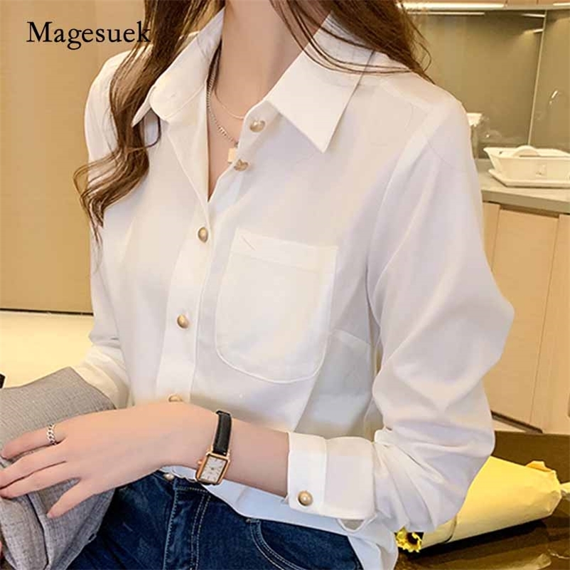 

Office Lady Long Sleeve White Chiffon Blouses Women Solid Button Clothing Cardigan Shirts Blusas Mujer 10694 210518