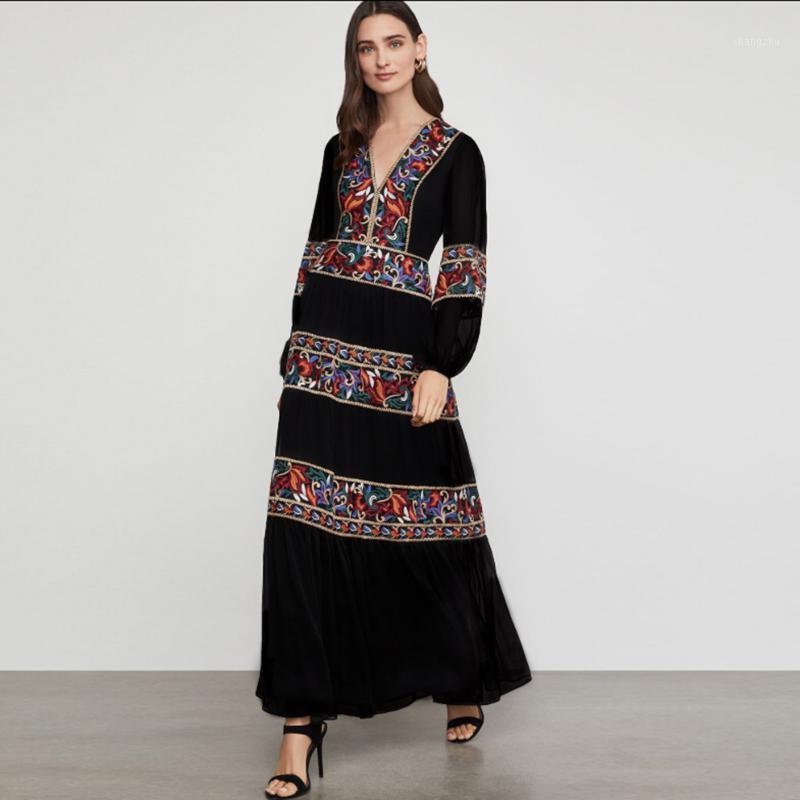 

Casual Dresses Autumn Women Clothing 2021 Boho Female Vestidos Floral Embroidered Maxi Dress V-Neck Long Sleeve Spring, Black