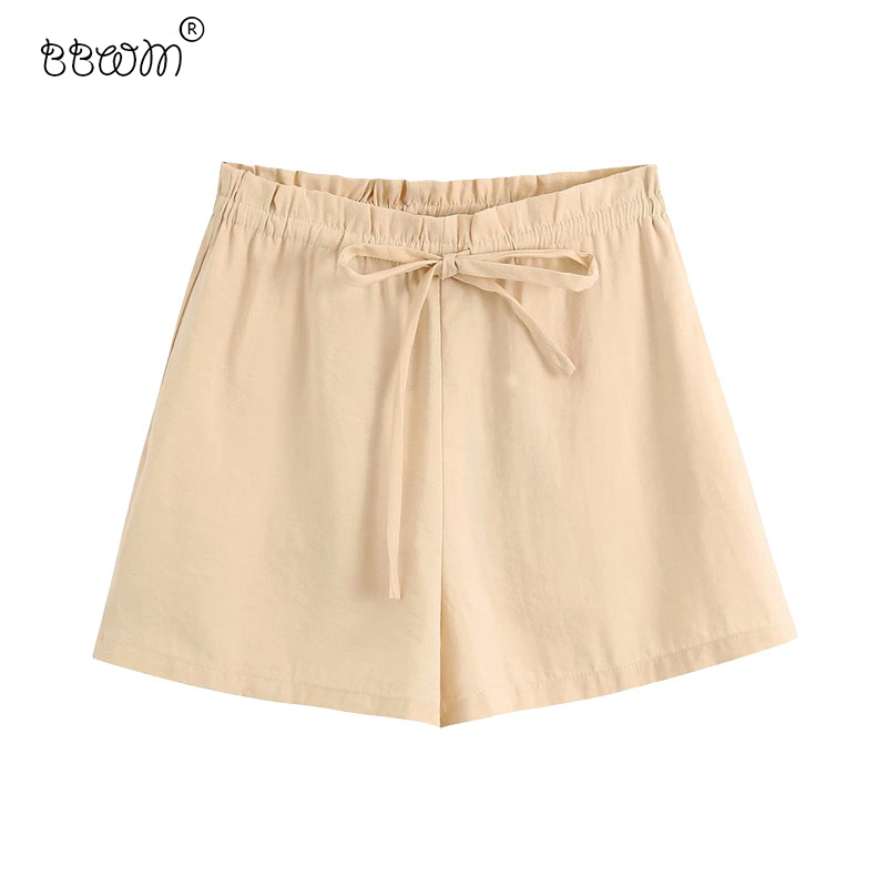 

Women Chic Fashion With Drawstring Shorts Vintage Elastic Waist Side Pockets Short Pants Casual Pantalones Mujer 210520, As picture