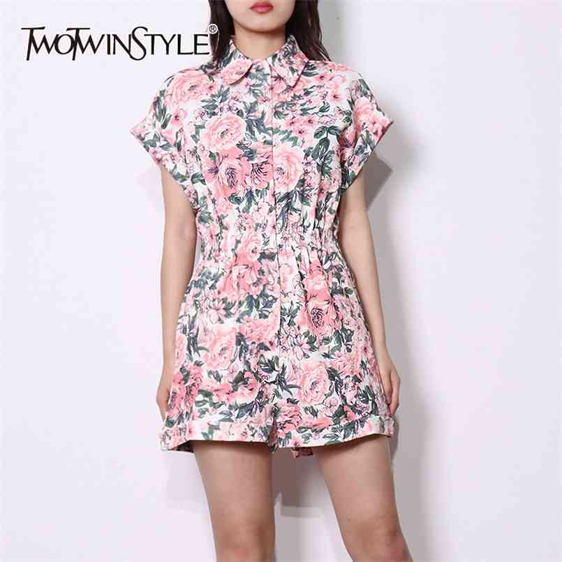 

Casual Print Floral Playsuit For Women Lapel Short Sleeve High Waist Loose Playsuits Female Summer Fashion 210521, Pink