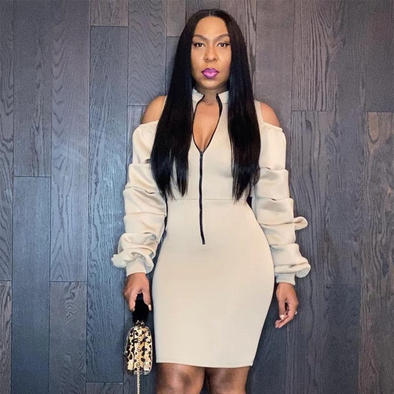 

Casual Dresses Off The Shoulder Sexy Midi Dress Women Spring Long Puff Sleeve Beige Bodycon Party Elegant Night Club Tight Pencil