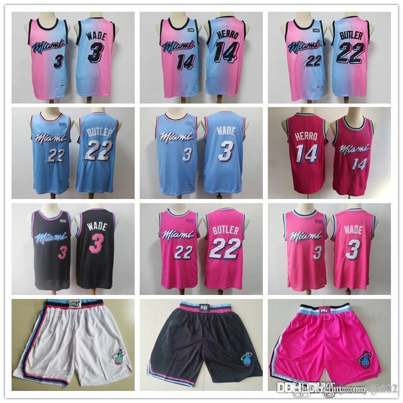 

Mens Miami Heat Throwback jerseys Dwyane 3 Wade Tyler 14 Herro Jimmy 22 Butler Basketball Shorts Basketball Jerseys pink Black, Black;red