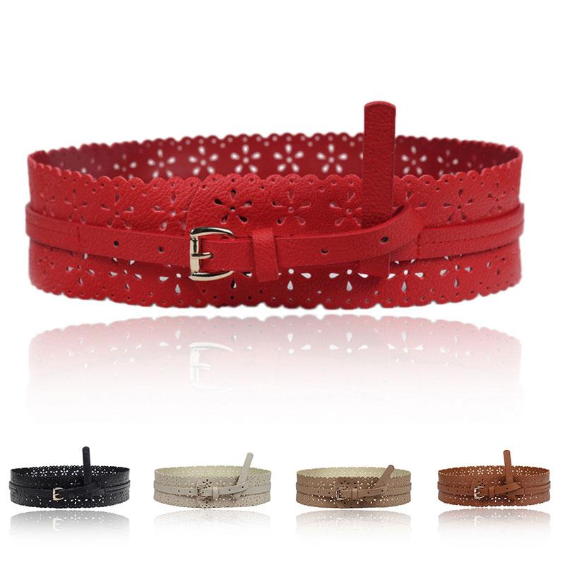 

Leather Belt Hollow Flower Waistband Dresses Coat Deco Solid Color Pin Buckle Corset Vintage Design Wide Waist Belts, Black;brown