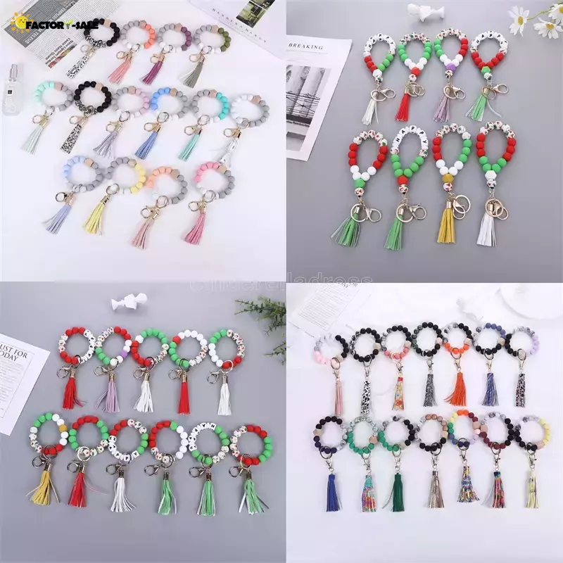 

47 Color Beaded Keychain Party Favor Wooden Tassel String Chain Food Grade Silicone Bead KeyRing Women Wrist Strap Bracelet FS22
