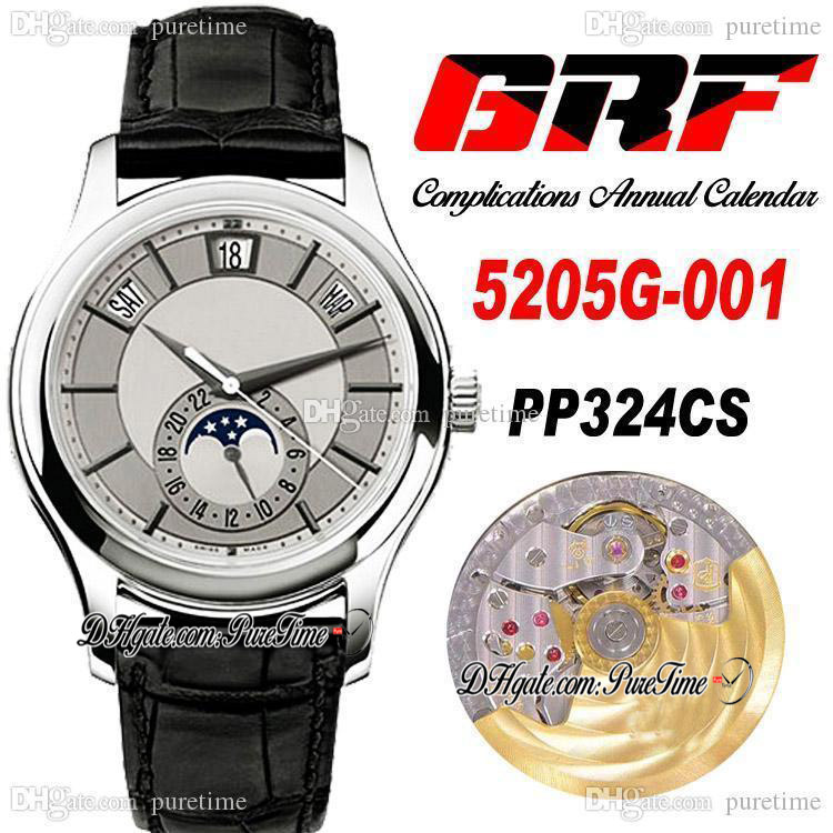 

GRF V2 5205G-001 A324 Automatic Mens Watch Complications Annual Calendar Steel Case Moon Phase White Dial Leather Watches PP324SC Super Edition Puretime A1, Black dial
