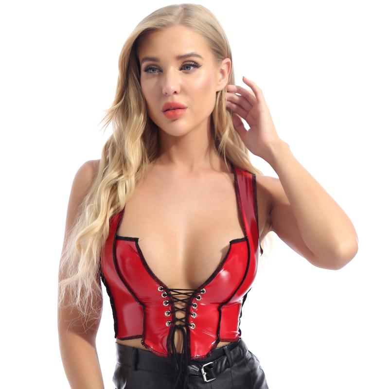 

Bras Sets Women Lace-up Front Patent Leather Cropped Top Tanks Clubwear Sexy Wet Look Shiny Sleeveless Tank Short Vest Tops, Red