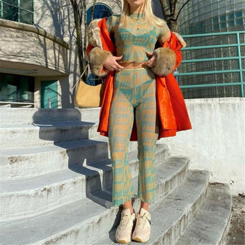 

graphic print sheer mesh womenpant two piece set summer short sleeve crop and flare pants see through club, White