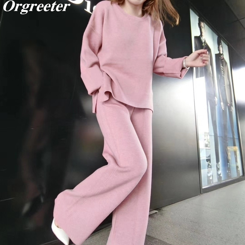 

Autumn Knitted Sweater 2 Piece Set Women O-neck Loose Long Sleeve Jumper Tops and Pants Suit Winter Bottoming Outfits 210525, Picture color
