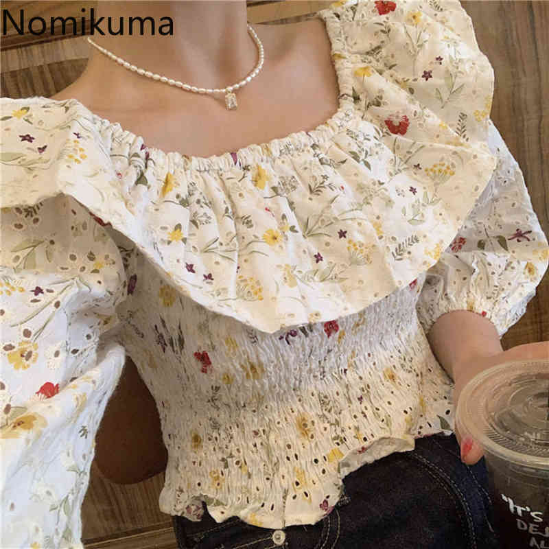 Nomikuma Floral Womens Tops Slash Neck Ruffle Sexy Strapless Blouse Puff Sleeve Slim Waist Short Blusas Mujer De Moda 6G975 210427