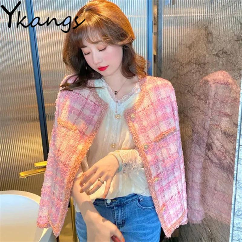 

Women' Wool & Blends Elegant Pink Tweed Vinatge Jacket Women Spring Autumn Short Temperament French Style Small Fragrance Fashion Coat