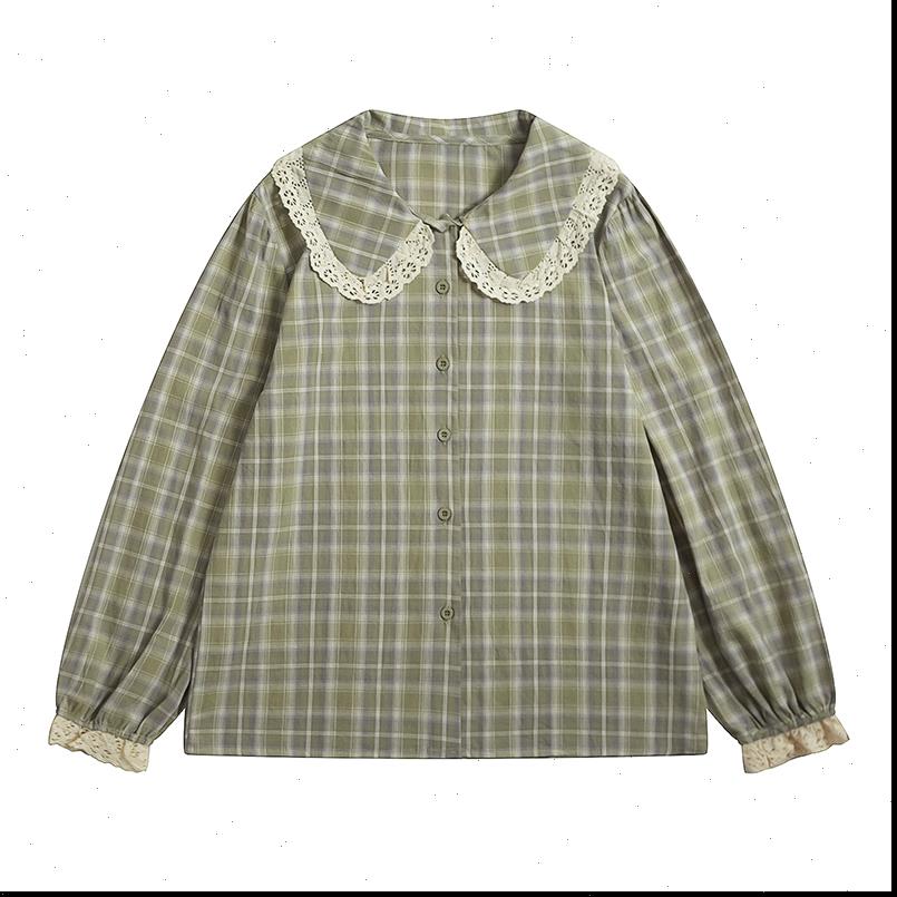

Spring Women Shirt Design Doll Collar Womens Preppy Style Yellow green Plaid Suitable For Teenage Girls Long sleeved Tops, White