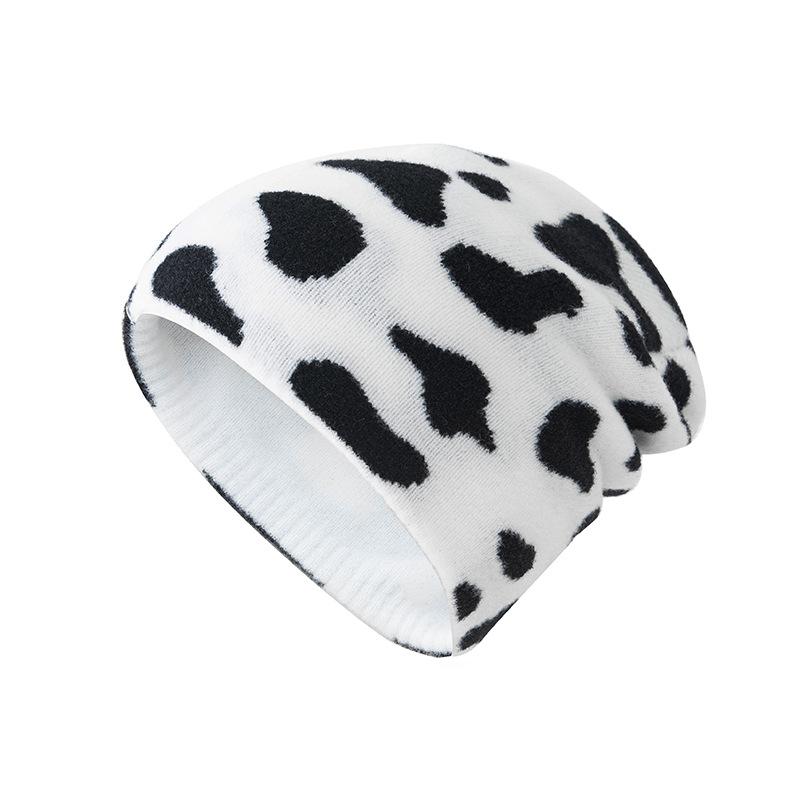 

Beanies 2021 Fashion Cow Print Hat Warm Knitted Winter Real Fur Pompom Hats For Women Girls Black Beanie Skullies Cap