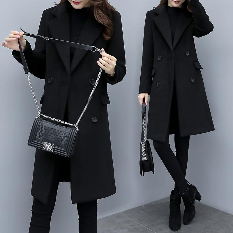 

Women' Wool & Blends Black Retro Cashmere Coat Middle Long 2021 Autumn Winter Suit Collar Fashion Slim Woollen