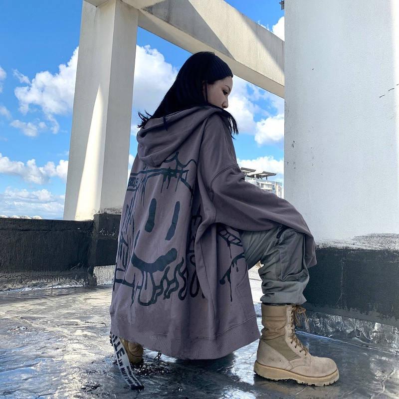 

Women's Hoodies & Sweatshirts Korean Punk Hoodie Women Harajuku Smile Printed Girl Funny Hip Hop Winter Tops Autumn Cool Jacket Streetwear F