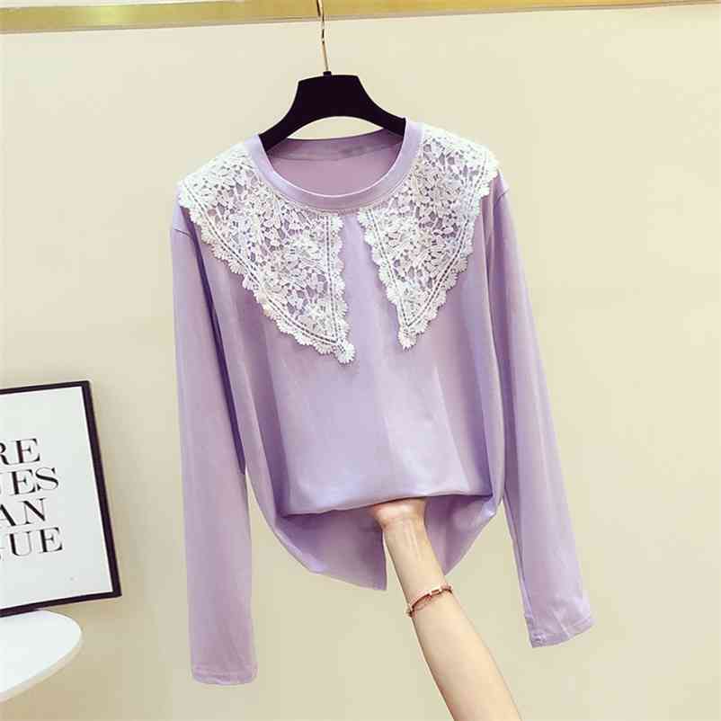 

Autumn Fashion Women's O Neck Lace Long Sleeves Cotton T-Shirt Tee Female Pullover Casual Tops Tees A3901 210519, Lavender