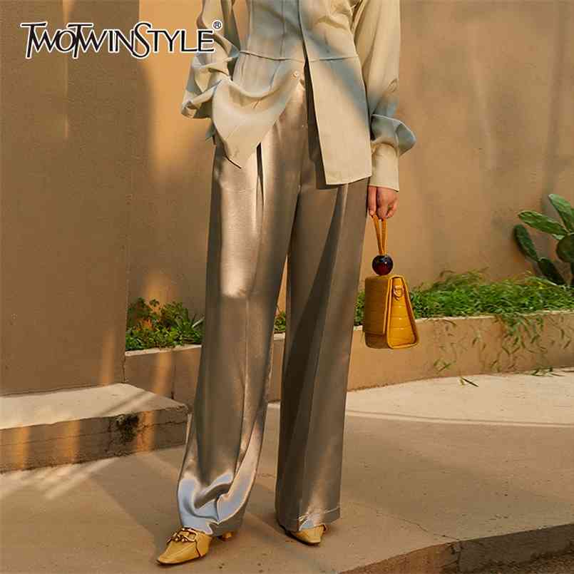 

Straight Satin Wide Leg Pants For Women High Waist Casual Loose Trousers Female Fashion Clothing Autumn 210521, Graygreen