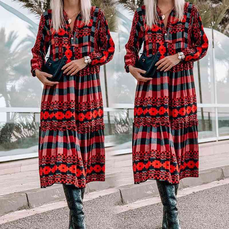 

Ladies Boho Print Dress Women Summer Spring Autumn Casual Long Beach Loose Sexy Party es Female Vestidos 210603, Red