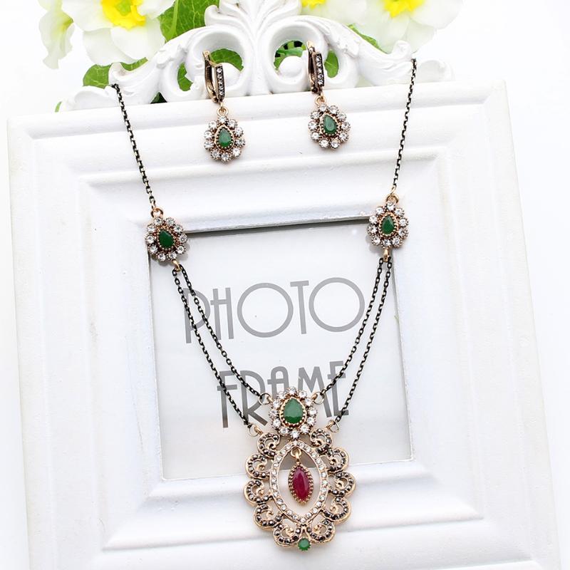 

Earrings & Necklace Vintage Women Flower Jewelry Sets Turkish Long Resin Drop Earring Antique Gold Color India Peacock Bridal, As pic
