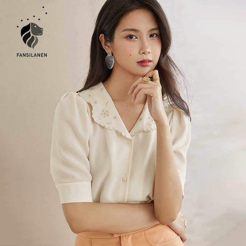 

FANSILANEN Embroidery floral white chiffon blouse shirt Women puff sleeve vintage summer top Female v neck casual clothing 210607, Beige