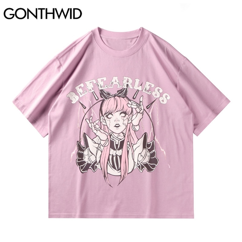 

Tshirts Harajuku Japanese Anime Cartoon Girl Print Tees Shirts Hip Hop Summer Casual Cotton Loose Streetwear Tops 210602, Pink